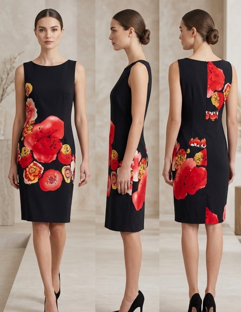 AB Studio Vintage Elegant Black Pencil Skirt with Red and Yellow Floral Print